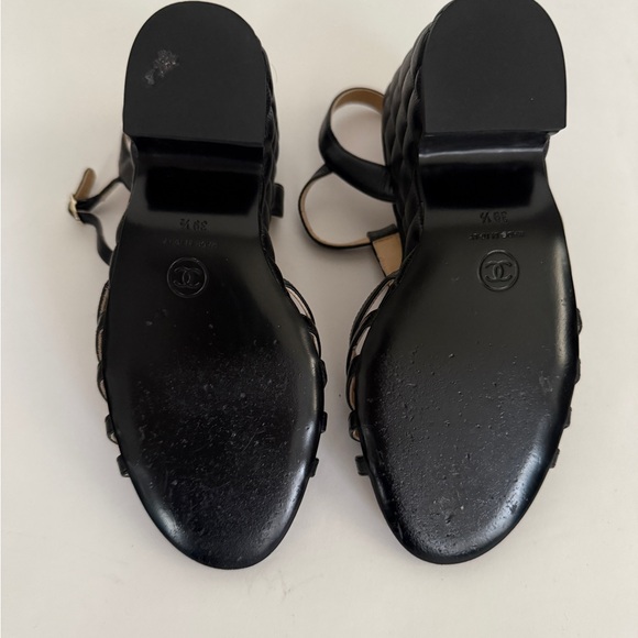 CHANEL Black Quilted Leather T-Strap Wedge Sandals - Picture 7 of 7